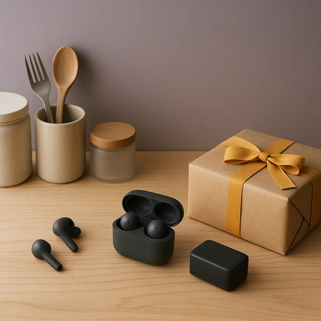 Mesa clara com potes e utensílios de cozinha, fones de ouvido sem fio e uma caixa de presente com laço amarelo